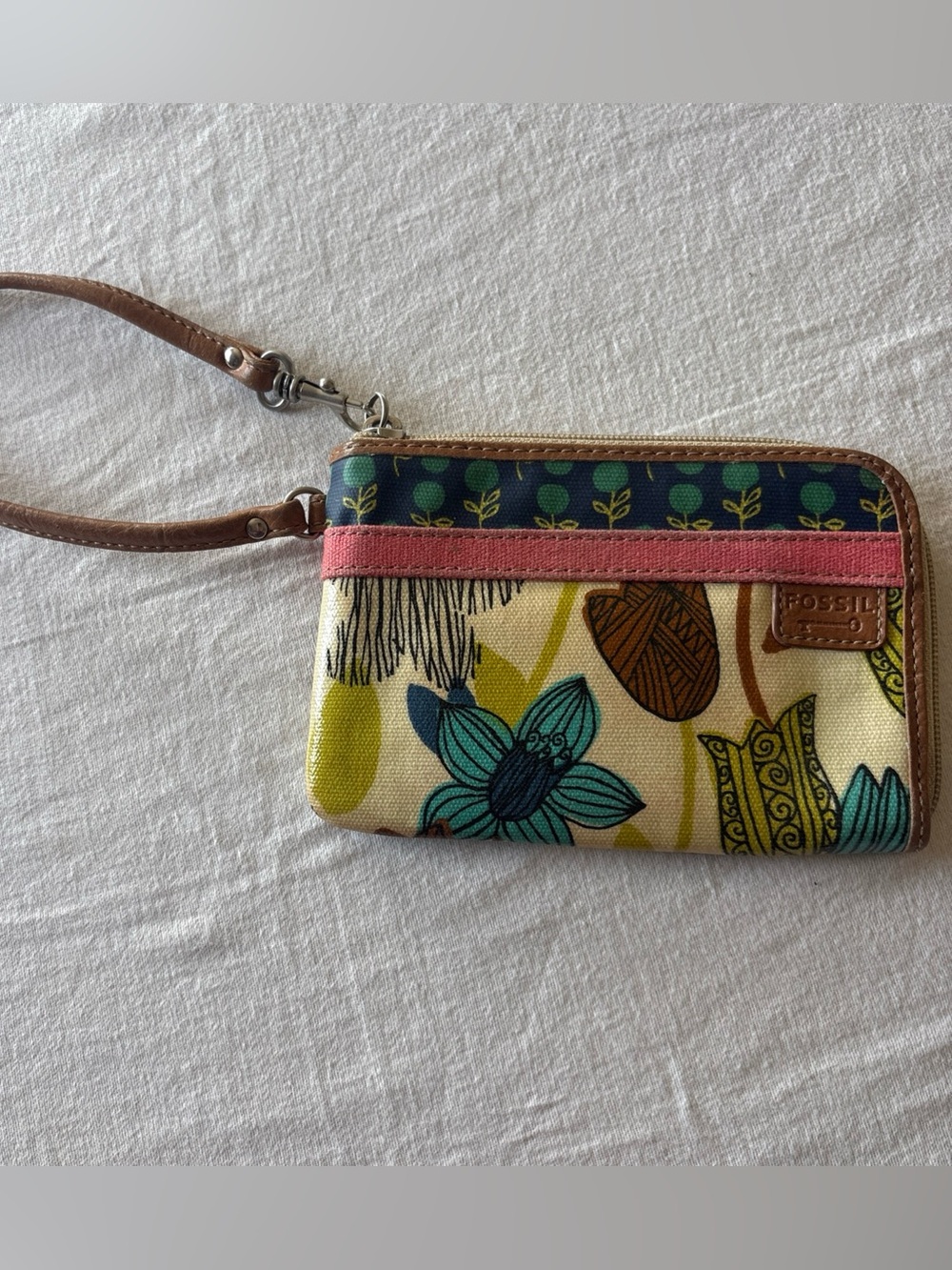 Fossil Floral Canvas Wristlet in Teal, Pink and Cream